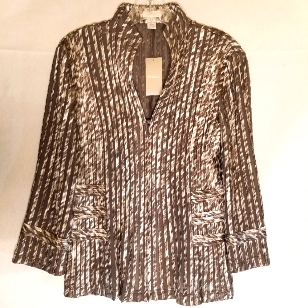 Women Chicos Julianne Jacket Shiny Brown Mesh 3/4 Zip Up Size 0 or US Size 4